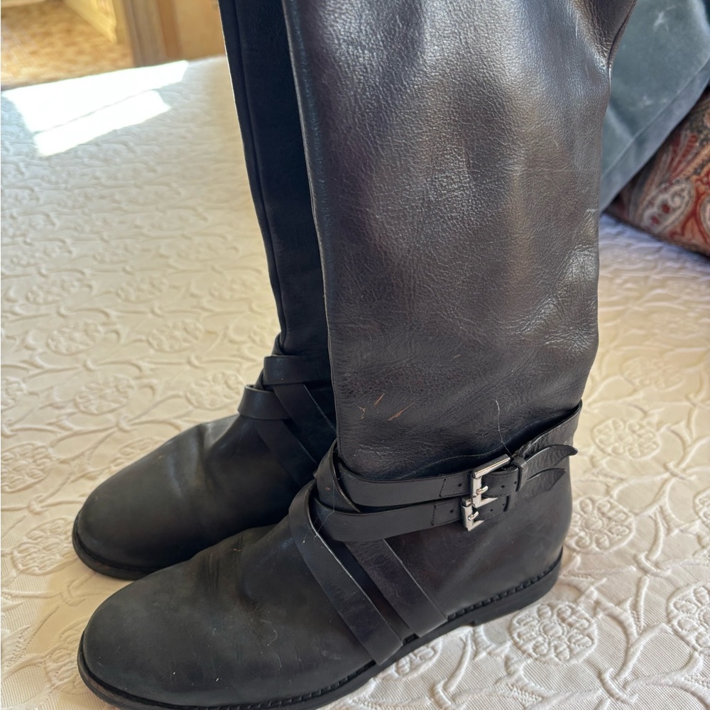 Cole Haan Black Leather Over-the-Knee Buckle Strap Boots